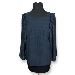 J. Crew Ruffle Blouse Swiss Dot Long Sleeve Top Elegant Navy Blue Size‎ 6